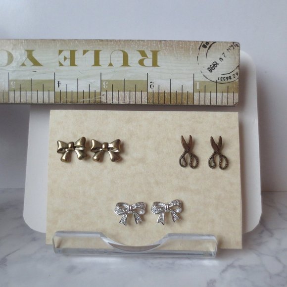 Set of Three Stud Earrings S1 Brass Bow Scissors and Silver Diamanté Ribbons - Picture 7 of 7
